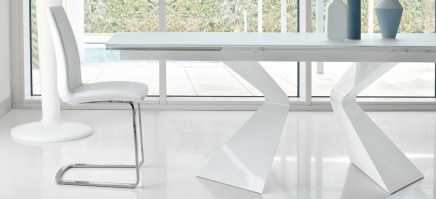 Prora table from Bonaldo with white base and white acid treated glass top.